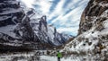 A trekker in Annapurna Base Camp trekking course, Himalayas, Nepal. Royalty Free Stock Photo