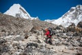 Trekker approaching PumoRi mountain in Khumbu valley on a way to