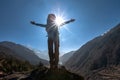 Trekker approaching Renjo La pass on a way to Everest Base camp Royalty Free Stock Photo