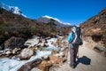 Trekker approaching Renjo La pass on a way to Everest Base camp Royalty Free Stock Photo