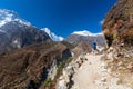 Trekker approaching Renjo La pass on a way to Everest Base camp Royalty Free Stock Photo