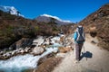 Trekker approaching Renjo La pass on a way to Everest Base camp Royalty Free Stock Photo