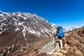 Trekker approaching Renjo La pass on a way to Everest Base camp Royalty Free Stock Photo