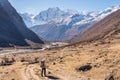 A trekker with backpack walking on Manaslu circuit trekking trail, Himalaya mountains range in Nepal Royalty Free Stock Photo