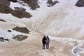 A trekker couple posing for a picture in he middle of their icy adventure. Himachal Pradesh