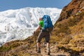 Trekker in front of Manaslu glacier on Manaslu circuit trek in N