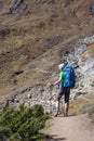 Trekker in front of Manaslu glacier on Manaslu circuit trek in N