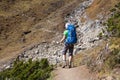 Trekker in front of Manaslu glacier on Manaslu circuit trek in N