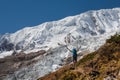 Trekker in front of Manaslu glacier on Manaslu circuit trek in N