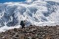 Trekker in front of Manaslu glacier on Manaslu circuit trek in N