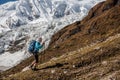 Trekker in front of Manaslu glacier on Manaslu circuit trek in N Royalty Free Stock Photo