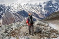 Trekker goes down fron Larke La pass on Manaslu circuit trek in Royalty Free Stock Photo