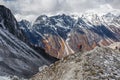 Trekker goes down fron Larke La pass on Manaslu circuit trek in