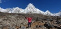 Trekker hand up two hands with Pumori mt. and Kala patthar view from Gorak shep village in background in Everest Base Camp,Nepal