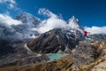 Trekker Jump over thw rock on the way from Lobuche to Gokyo village with Naktok lake and mountain in everest base camp trek route