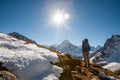 Trekker in Khumbu valley in front of Abadablan mount on a way to
