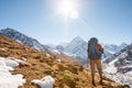 Trekker in Khumbu valley in front of Abadablan mount on a way to