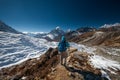 Trekker in Khumbu valley on a way to Everest Base camp Royalty Free Stock Photo