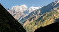 A trekker on Manaslu circuit with viiew of snow covered Mount Manaslu 8 156 meters. Himalayas, sunnyat Manaslu, Gorkha, Nepal