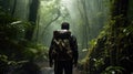 A trekker in the rain forest, in the rain, with difficulty