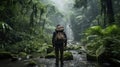 A trekker in the rain forest, in the rain, with difficulty