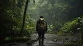 A trekker in the rain forest, in the rain, with difficulty