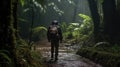 A trekker in the rain forest, in the rain, with difficulty