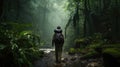 A trekker in the rain forest, in the rain, with difficulty