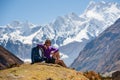 Trekker rests on Manaslu circuit trek in Nepal Royalty Free Stock Photo