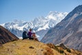 Trekker rests on Manaslu circuit trek in Nepal Royalty Free Stock Photo