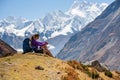 Trekker rests on Manaslu circuit trek in Nepal Royalty Free Stock Photo