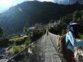 Trekker on rope bridge in everest basecamp