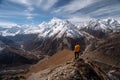 Trekker stand on top of Samdo Ri view point in Manaslu circuit trek, Himalaya range in Nepal Royalty Free Stock Photo