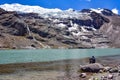 A trekker takes in views of Ausangatecocha lake. Cordillera Vilcanota, Cusco, Peru