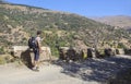 Trekker walking along Poqueira Gorge. Las Alpujarras Region, Gra