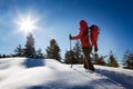 A trekker, walking in the snow, takes a rest for admire the panorama