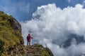 trekker walking to the hotel everest view in everest trek region