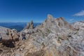 Trekkers along path in a awesome summer dolomite rocky scenario, Italy