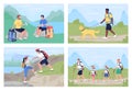 Trekkers in countryside flat color vector illustration set