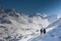 Trekkers crossing Gokyo glacier in Khumbu valley on a way to Eve Royalty Free Stock Photo