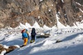 Trekkers crossing Gokyo glacier in Khumbu valley on a way to Eve Royalty Free Stock Photo