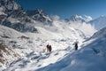 Trekkers crossing Gokyo glacier in Khumbu valley on a way to Eve Royalty Free Stock Photo