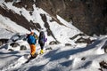 Trekkers crossing Gokyo glacier in Khumbu valley on a way to Eve Royalty Free Stock Photo