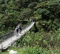 Trekkers crossing a hanging wire bridge. Royalty Free Stock Photo