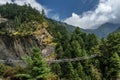 Trekkers crossing a suspension bridge in Everest Region & x28;Sagarma