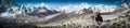 Trekkers going up to Kalla Patar mountain. Panoramic view of high mountains