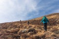 Trekkers walk up on hill in Mera region for acclimatization, Himalaya mountain range in Nepal