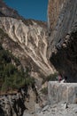 Trekking Annapurna circuit, steep edge cliff down to Marshyangdi river