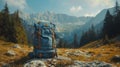 A trekking backpack placed on the ground against the stunning backdrop of the Alps mountains on a sunny day, symbolizing the Royalty Free Stock Photo