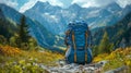 A trekking backpack resting on the ground against the backdrop of the majestic Alps mountains on a sunny day, embodying the Royalty Free Stock Photo